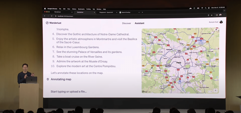 Présentation de l'innovation en IA et UI lors de la keynote d'OpenAI, illustrant l'impact de l'intelligence artificielle sur les interfaces utilisateurs et mettant en avant l'exemple de l'assistant de voyage IA